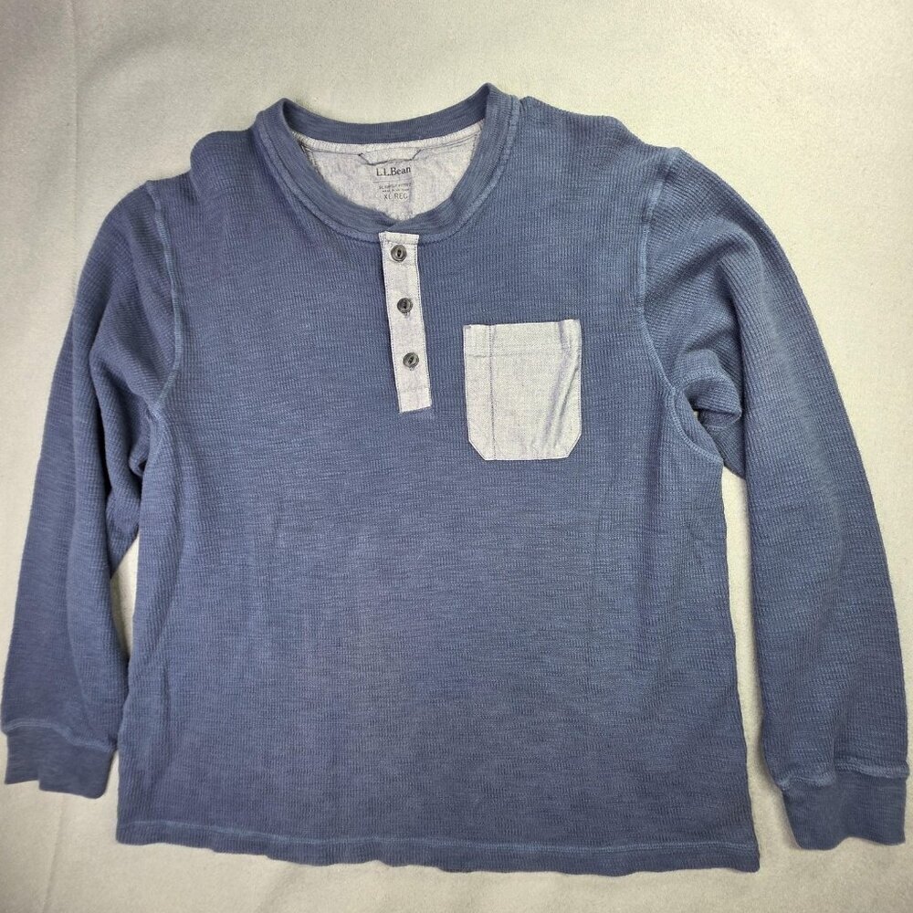 L.L.Bean Henley Shirt Mens XL Blue Thermal Waffle Long Sleeve Layer Pocket